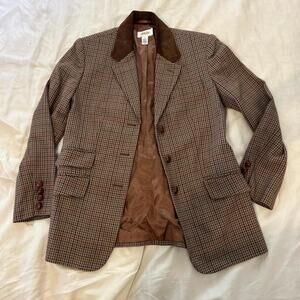 Talbots brown houndstooth blazer genuine suede leather collar 6P